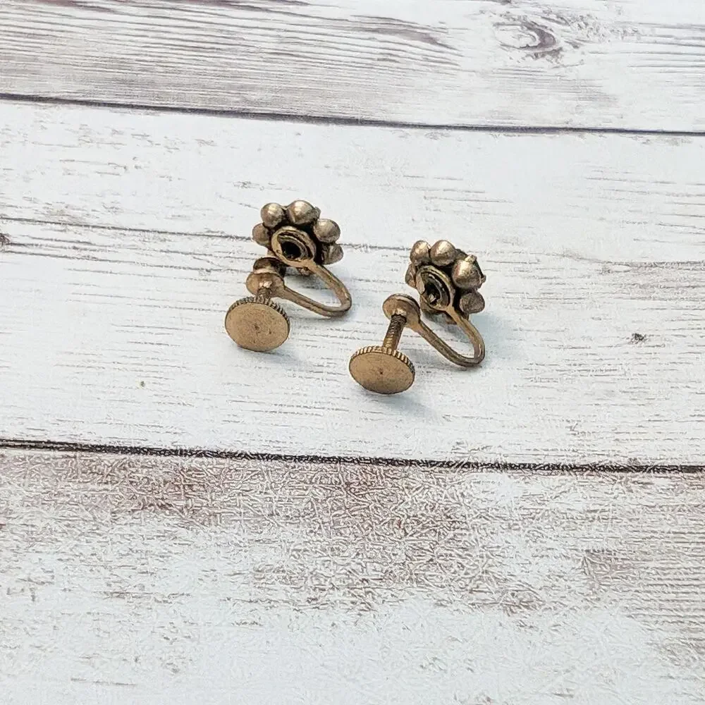 Vintage Screw Back Earrings Dainty Green & Clear Gem